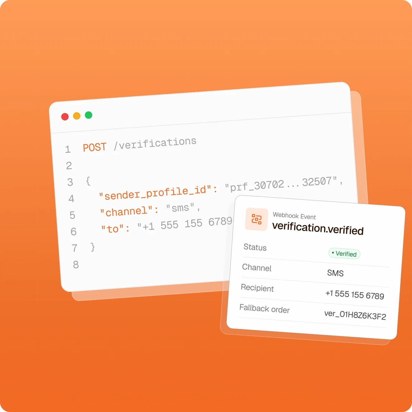 POST /verifications request for an SMS code next to a verification.verified webhook event