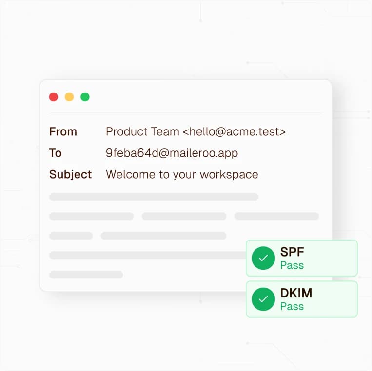Captured email with sender, recipient, subject, and passing SPF and DKIM results