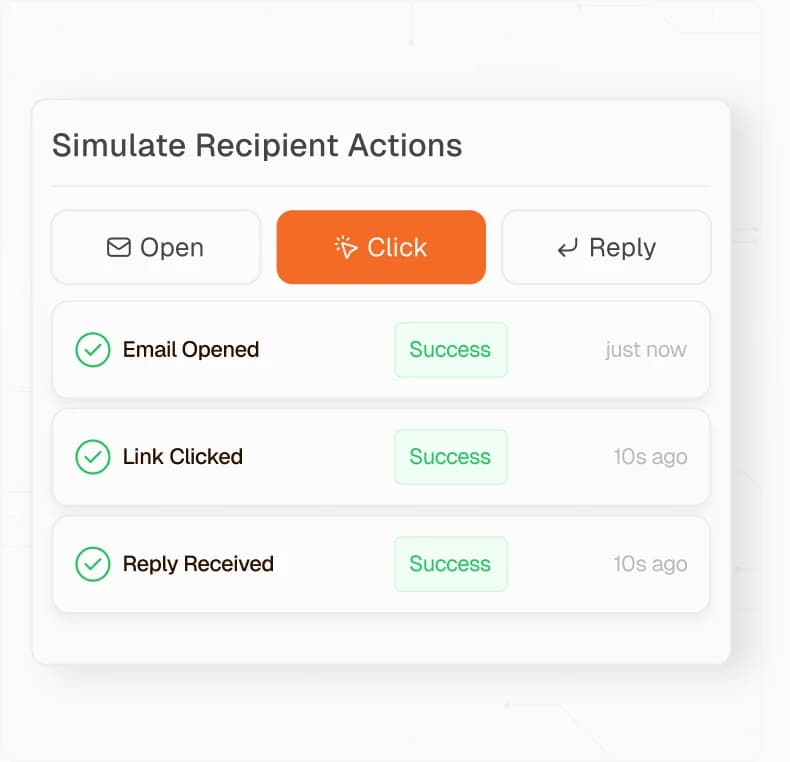 Simulated open, click, and reply events marked as successful