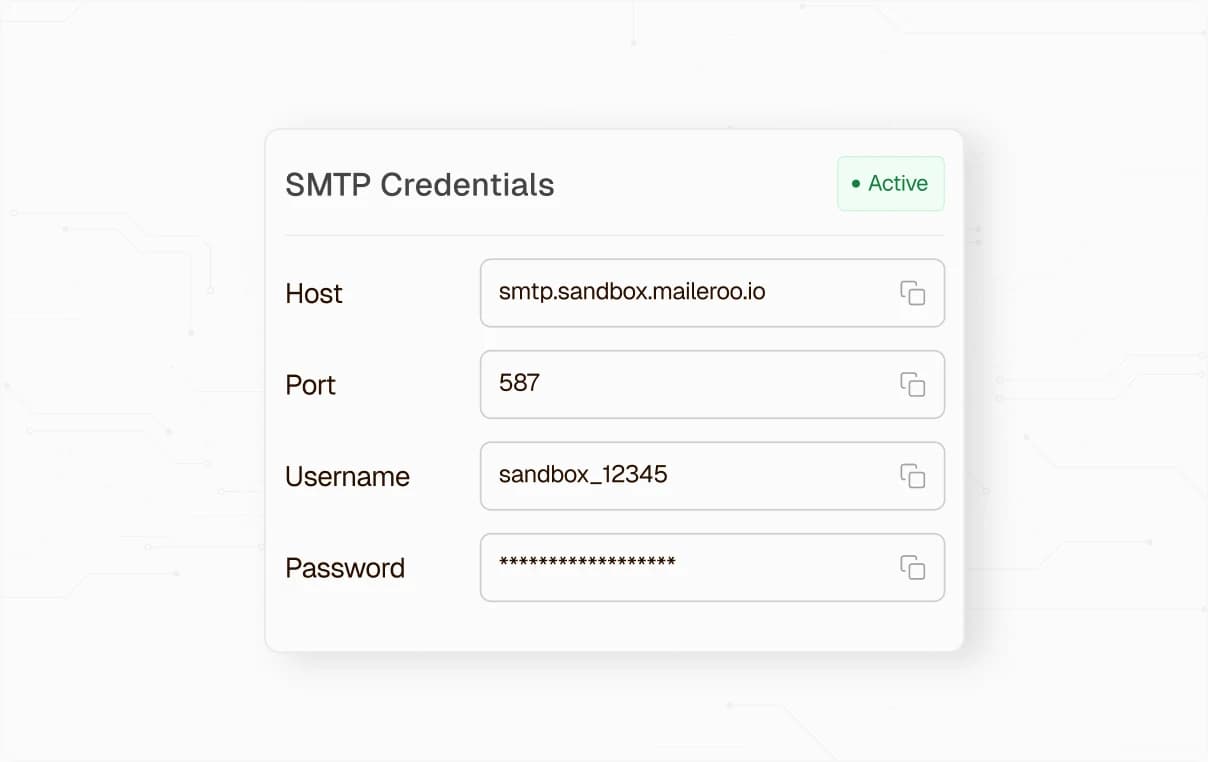 Sandbox SMTP credentials with host, port, username, and password