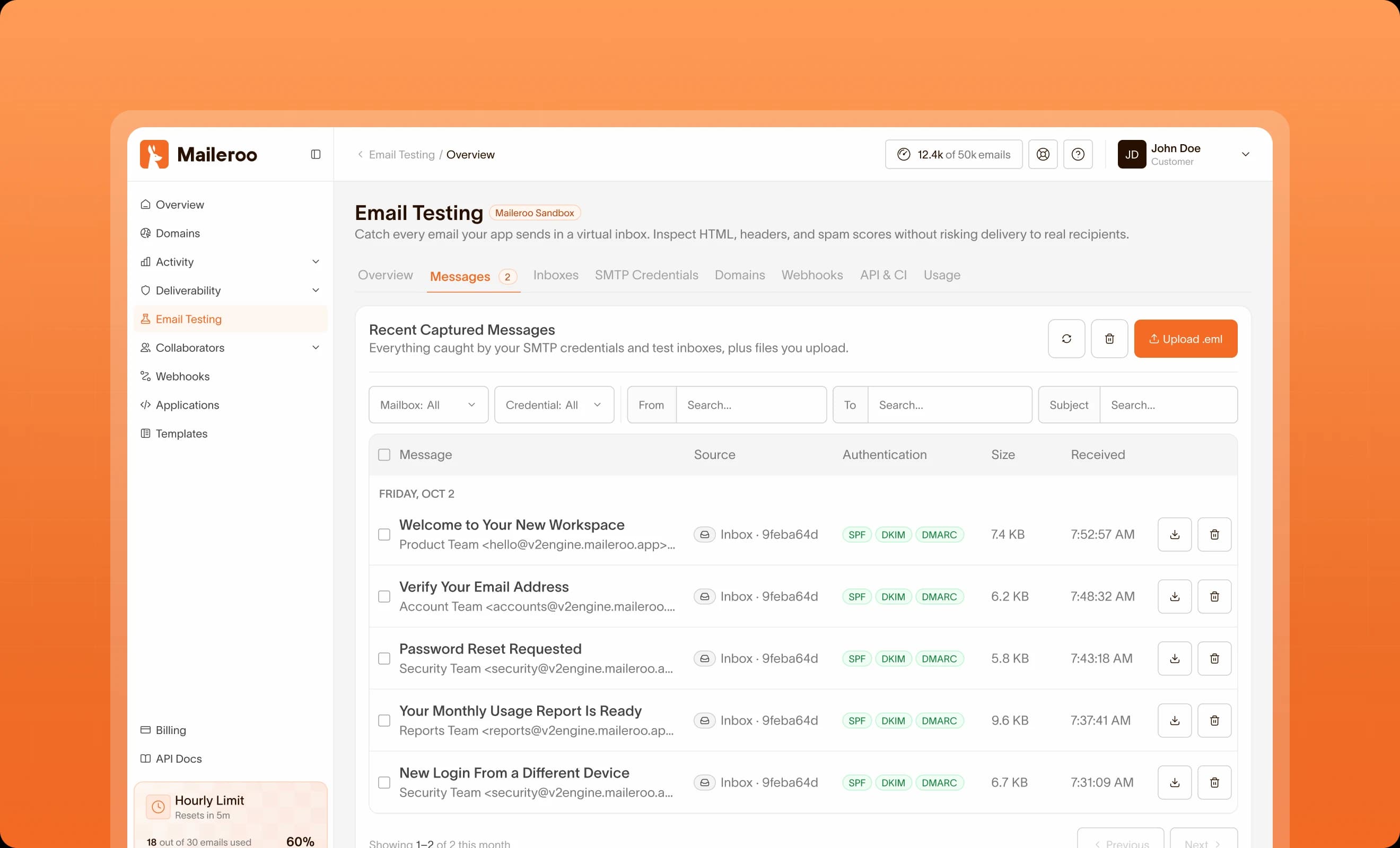 Maileroo Email Testing dashboard listing captured messages with SPF, DKIM, and DMARC results