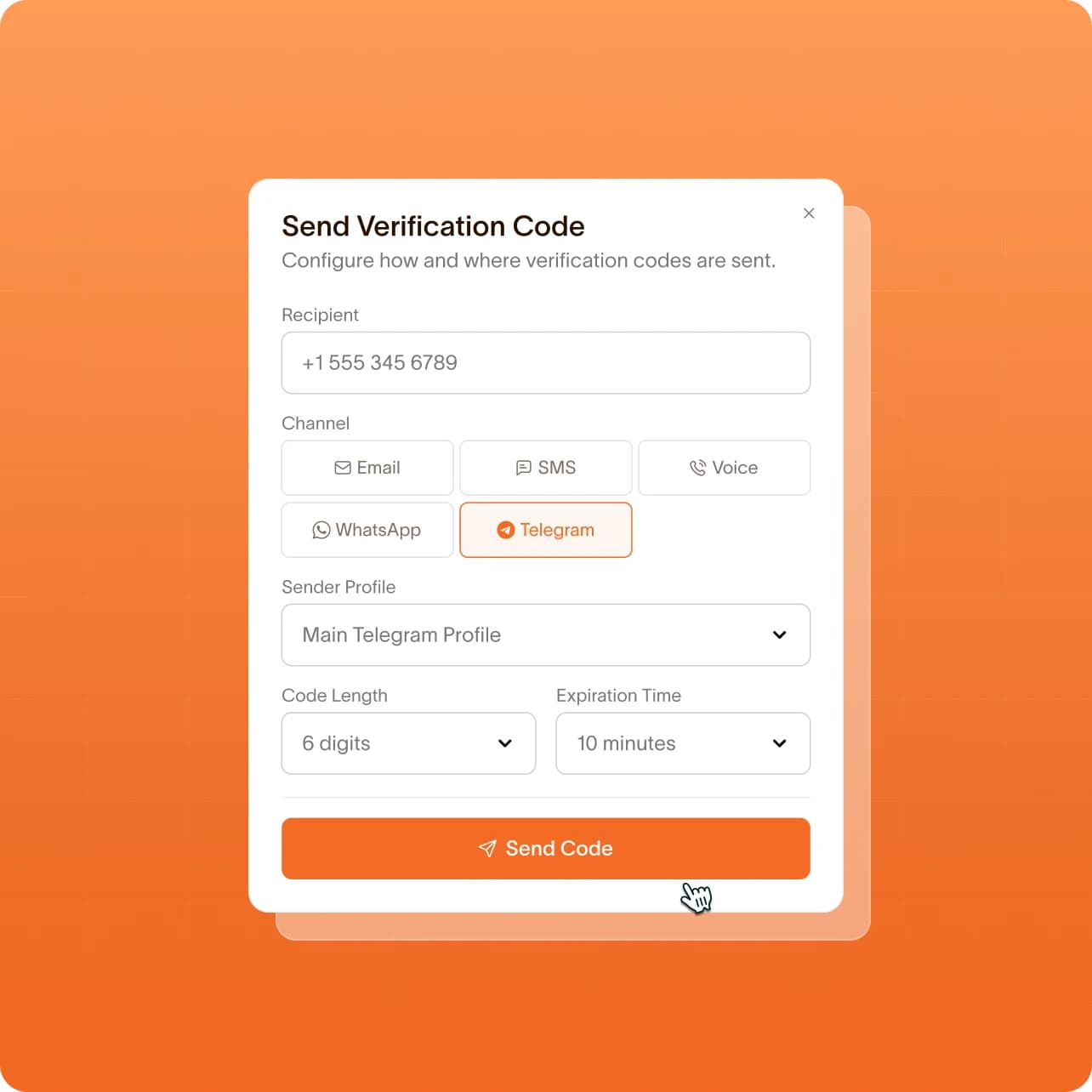 Send Verification Code dialog with Email, SMS, Voice, WhatsApp, and Telegram channel options