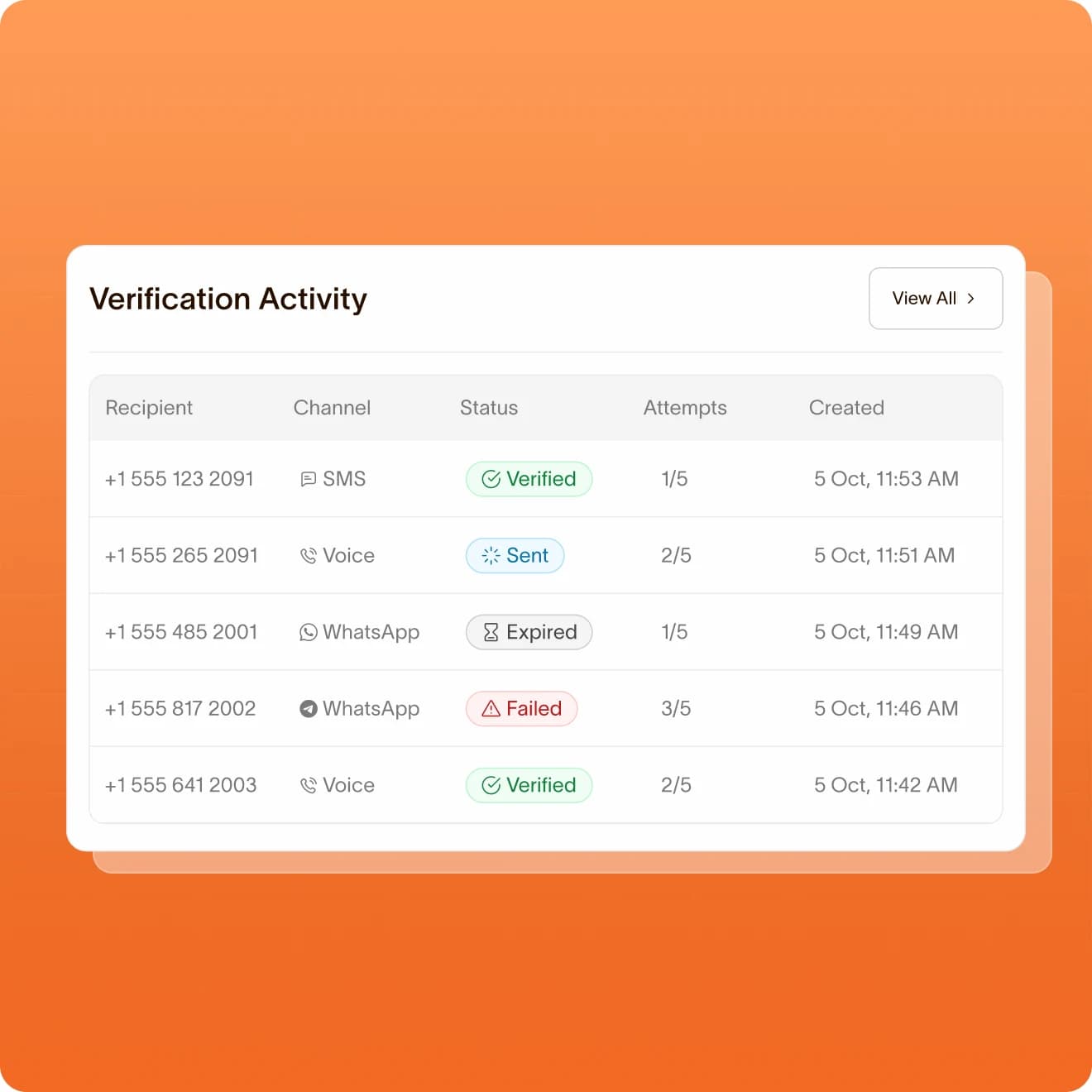 Verification Activity table with recipient, channel, status, attempts, and created time for each code