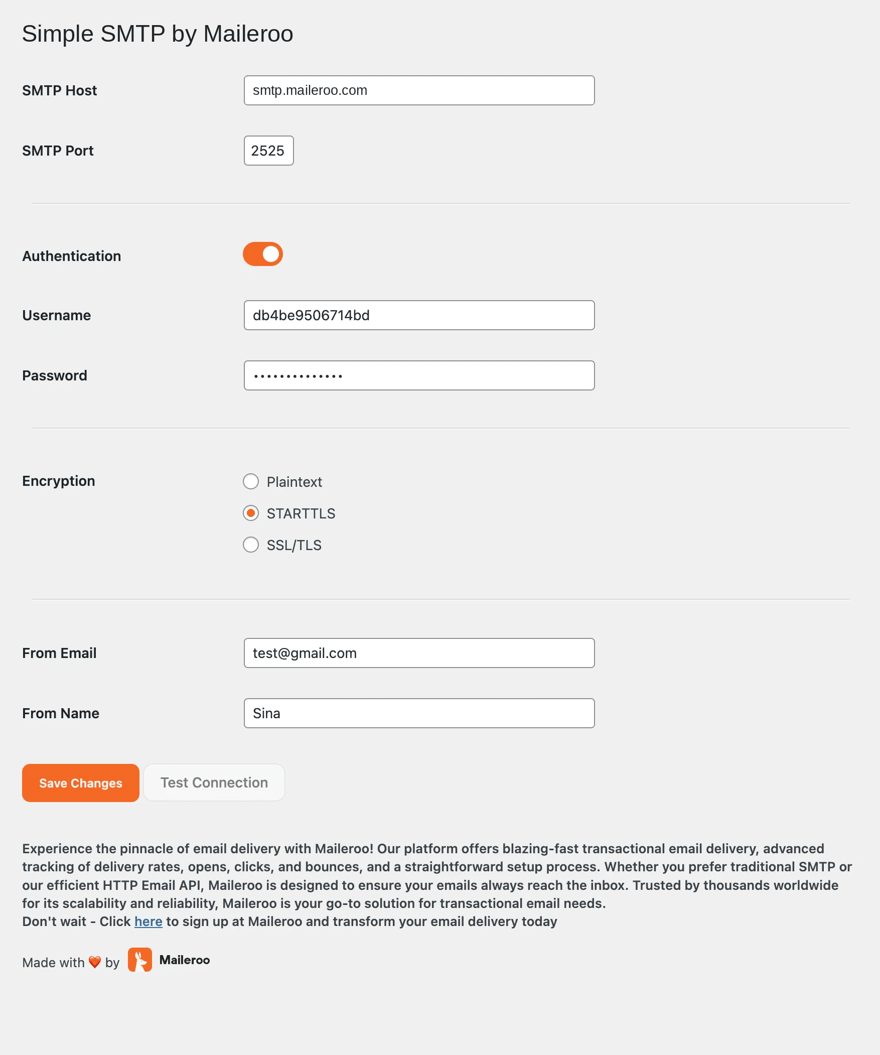Simple SMTP by Maileroo plugin SMTP settings screen