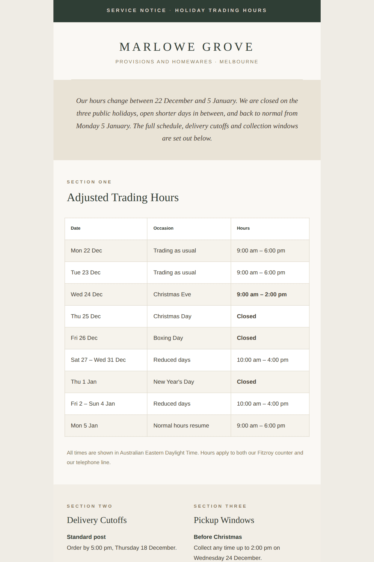 Holiday Hours & Closings