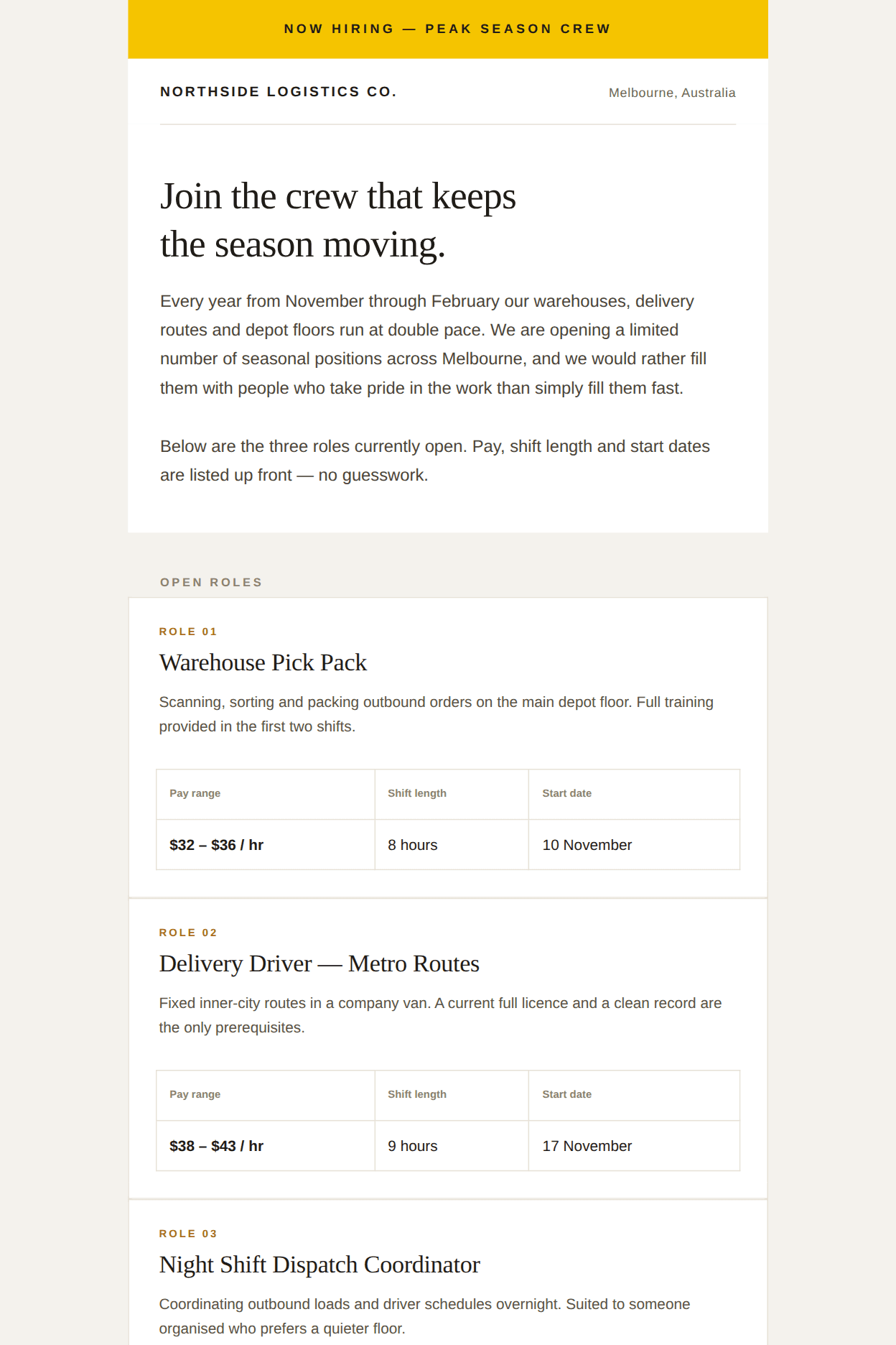Seasonal Crew Hiring Call