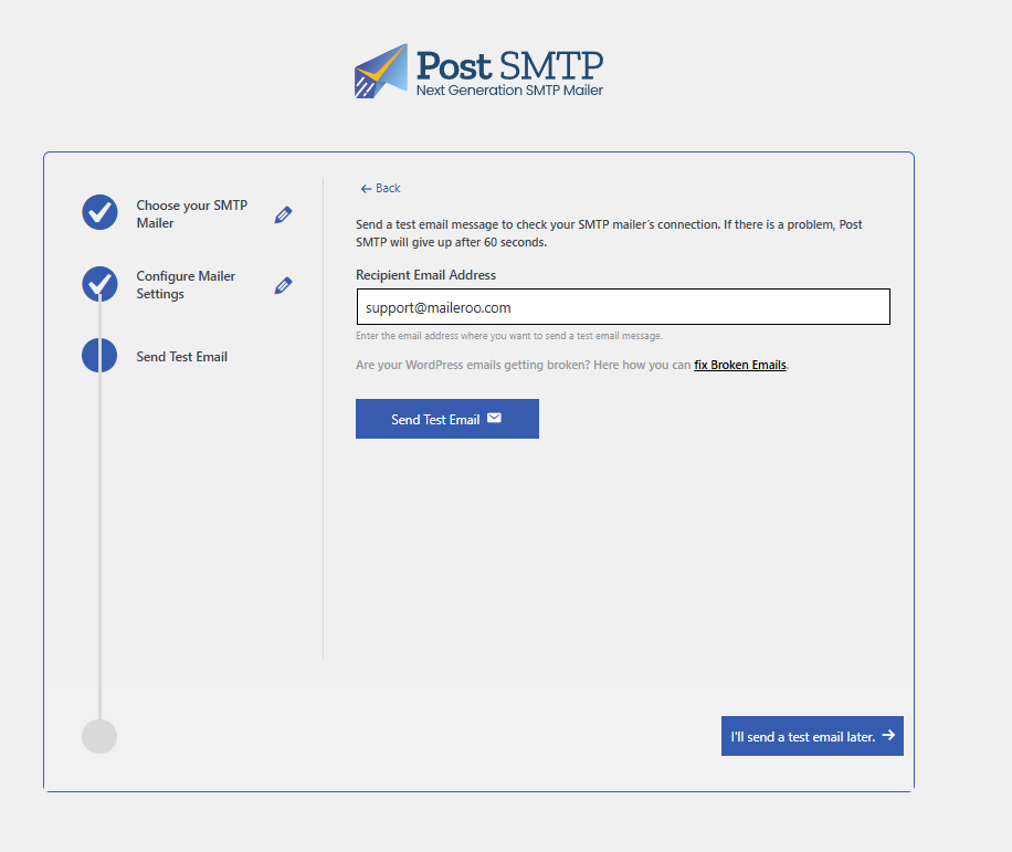Post SMTP Setup - Test Email